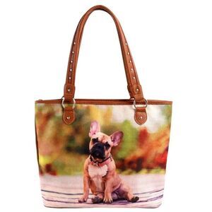 Montana West Printed Striped Canvas French Bulldog Tote Bag Handbag Purse